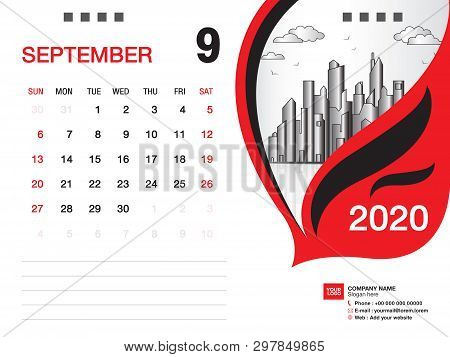 Desk Calendar 2020 Template Vector, September 2020 Month, Business Layout, 8x6 Inch, Week Starts Sun