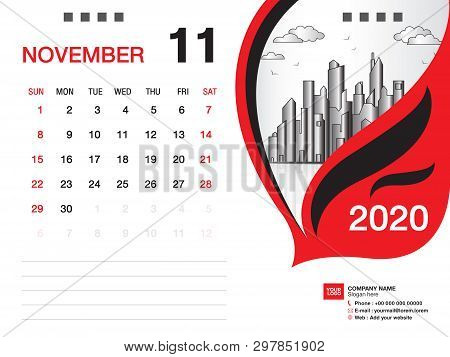 Desk Calendar 2020 Template Vector, November 2020 Month, Business Layout, 8x6 Inch, Week Starts Sund