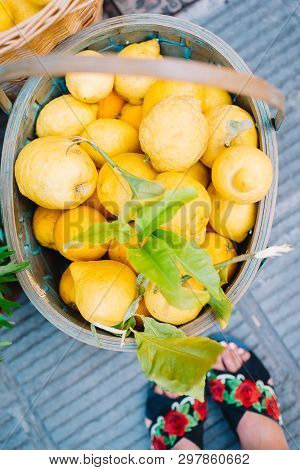 Wicker Basket Full Of Lemons On The Italian Street Od Corniglia