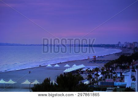 Durres, Albania. April 2019: Scenic Sunset Over The Sandy Beach In Golem.
