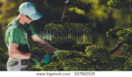 Men Shaping Garden Trees. Caucasian Gardener In His 30s With Small Electric Plants Trimmer. Topiary 