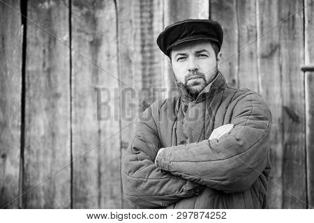 Portrait Of Old-fashioned Man, Monochrome. Concept - Peasant Of 1950S, Retro Style