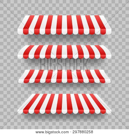 Colored Striped Awnings Set For Shop, Restaurants And Market Store On Transparent Background. Vector