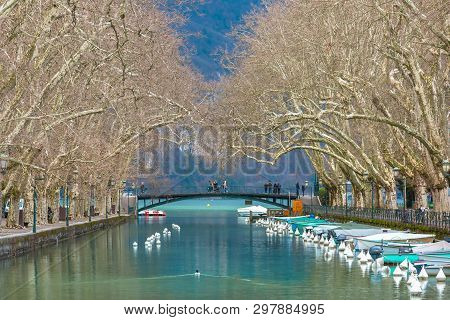 Famous Pedestrian Footbridge Bridge Of Loves Or Pont Des Amours Over Channel Of Vasse Near Lake Of A