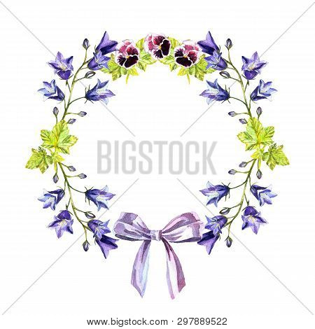 Watercolour Hand Painted Circle Frame Of Bluebells, Leaves, Purple Violets And Bow Of Light-purple R