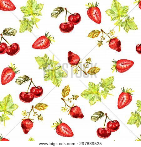 Seamless Pattern With Watercolour Hand Painted Leaves, Strawberries, Cherries. Bright Summer Backdro