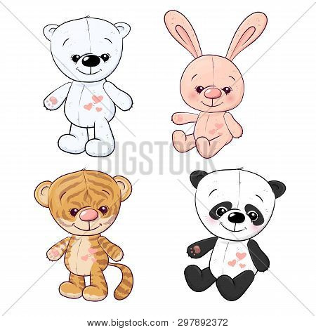 Set Of Little Tiger Cub Tiger Cub And Panda. Hand Drawing. Vector Illustration