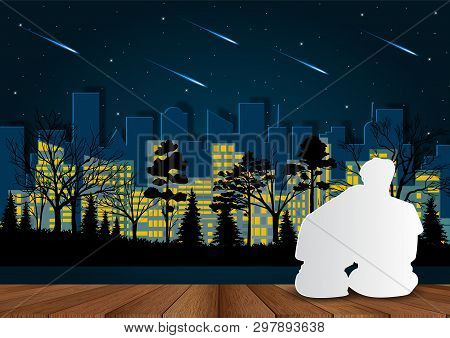 Men And Women Sit On The Porch. Look At The Meteor At Night With The Light From The City In Front. V