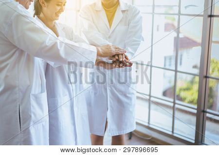 Scientists Coordinate Hands,group Of Diversity People Teamwork In Laboratory,successful And Reserch 
