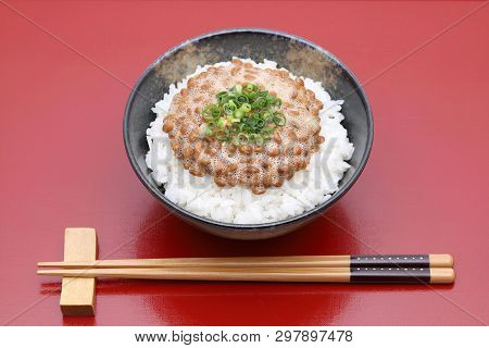 Japanes Food, Cooked White Rice With Natto On Table