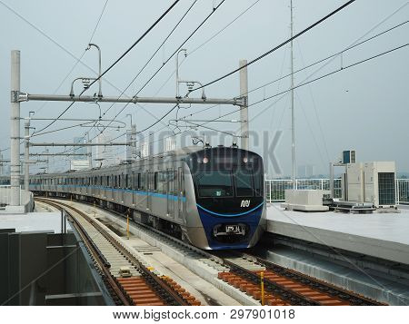 Jakarta, Indonesia - April 7, 2019: Mrt Jakarta Train Arrives At Fatmawati Mrt Station.