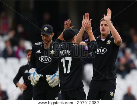 LONDON, ENGLAND. 25 APRIL 2019: Morne Morkel of Surrey celebrates taking the wicket of Dawid Malan of Middlesex  during the Surrey v Middlesex, Royal London One Day Cup match at The Kia Oval. 