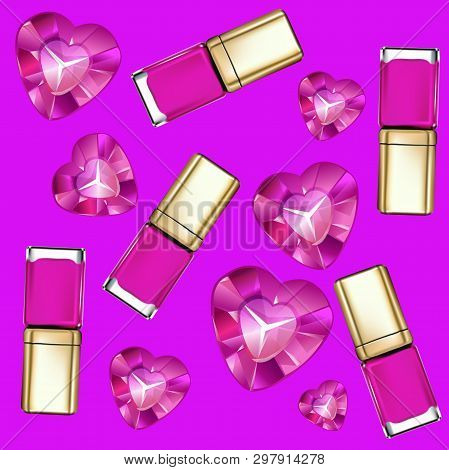 Vector Realistic Illustration Of Nail Polish Bottles And Pink Heart Crystals. Pattern Of Pink Nail P