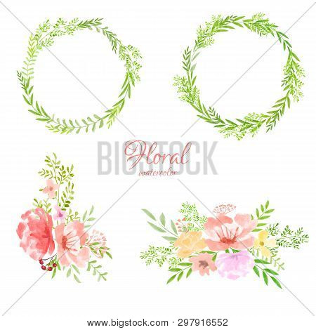 Spring Frame Watercolor Flowers  Leaf Vector Set