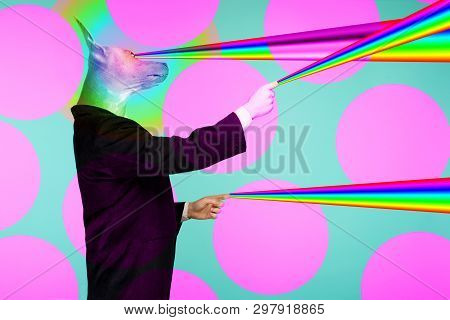 Psychedelic Collage Portrait Of A Male Businessman With A Head Of A Chinese Crested Dog Shooting Rai