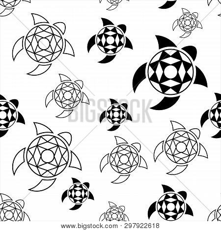 Pattern Of Stylized Turtles. Black And White Vector Illustration In Flat Style.