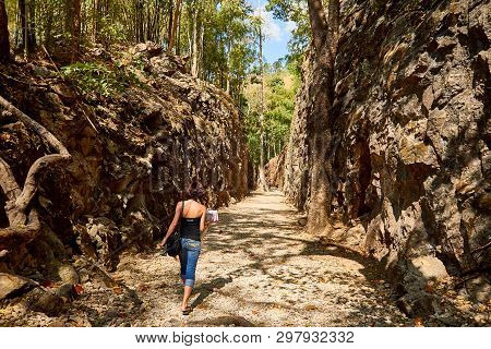 Back Side Of Young Traveler In The Deep Forest, Hellfire Pass At Kanchanaburi, Thailand, Travel And