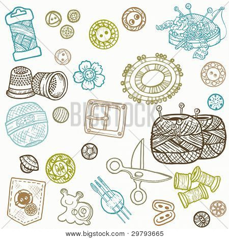 Sewing Kit Doodles - hand drawn design elements in vector