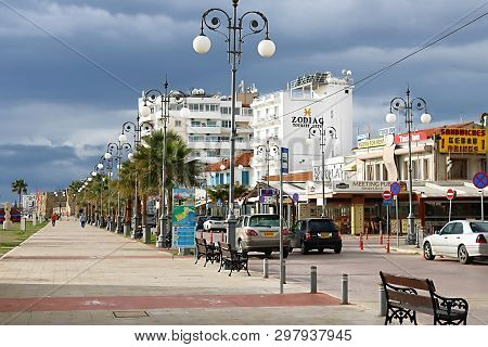 Larnaca, Cyprus - March 03, 2019: Palm Promenade Phinikoudes. Popular Tourist European Destination