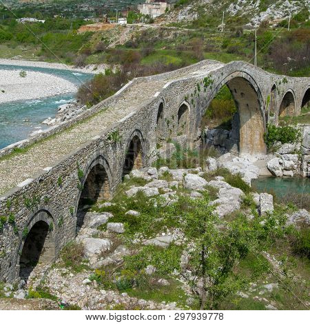 Old Stone Bridge Over The River. Albania, Mes, Scutari
