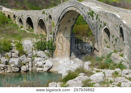 Old Stone Bridge Over The River. Albania, Mes, Scutari