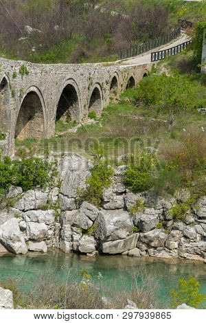 Old Stone Bridge Over The River. Albania, Mes, Scutari