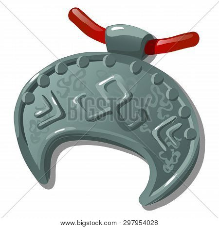 Ancient Silver Pendant With Slavic Symbol In The Form Of Half Moon Isolated On White Background. Vec