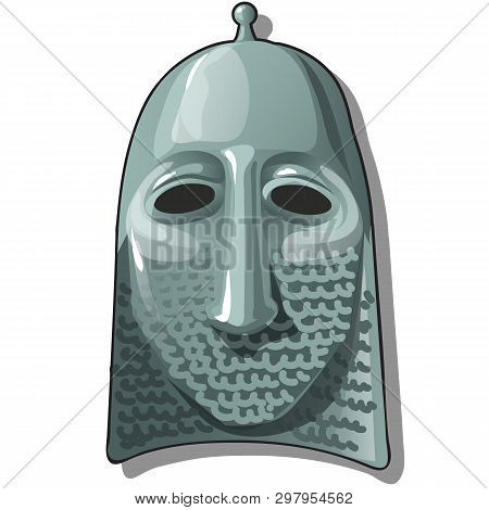 Slavic Warrior Hat Or Helmet With Hauberk Or Chain Armour Isolated On White Background. Vector Carto