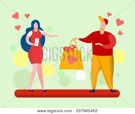 Valentines Day Gift Cartoon Vector Illustration. Couple In Love At Romantic Date. Birthday, Annivers