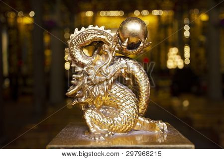 Golden Dragon Statue With Gold Ball Inside Guandi Shrine And Jinping Temple Of The Queen Of Heaven A