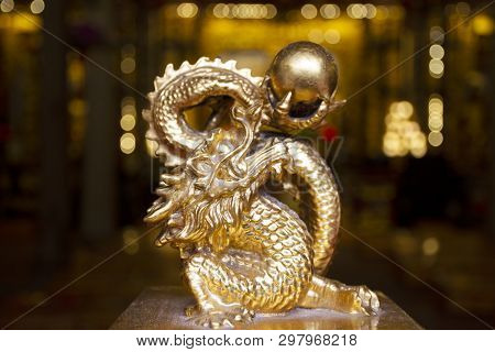 Golden Dragon Statue With Gold Ball Inside Guandi Shrine And Jinping Temple Of The Queen Of Heaven A