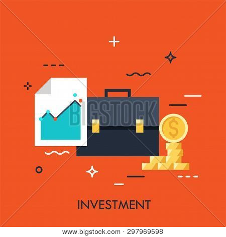 Briefcase, Document With Graph And Moneybag. Investment, Banking, Stock Exchange, Market Trading, Br