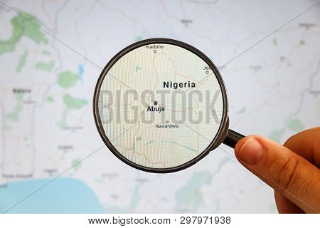 Abuja, Nigeria. Political Map. City Visualization Illustrative Concept On Display Screen Through Mag