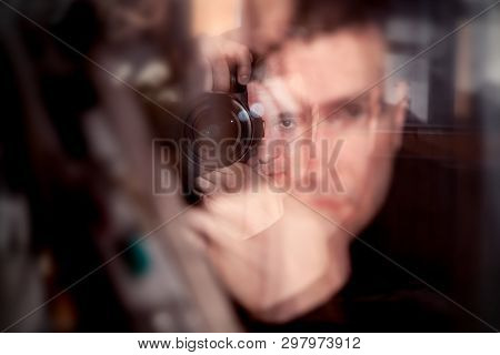 Blurred Photo Young Attractive Caucasian Man Photographer Journalist Reporter Operator Making Selfie