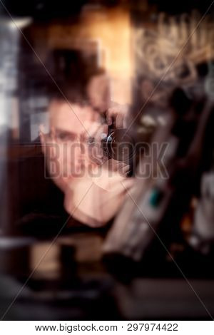 Blurred Photo Young Attractive Caucasian Man Photographer Journalist Reporter Operator Making Selfie
