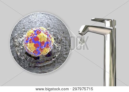 Safety Of Drinking Water Concept, 3d Illustration Showing Hepatitis A Viruses Contaminating Drinking
