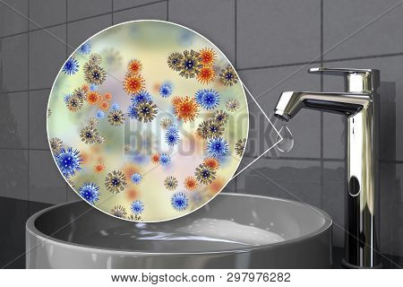 Safety Of Drinking Water Concept, 3d Illustration Showing Pathogenic Viruses Contaminating Drinking 