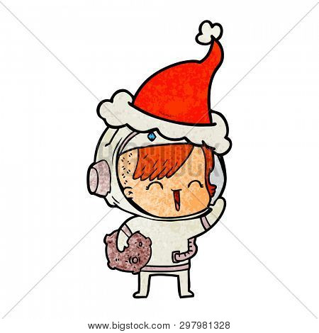 hand drawn textured cartoon of a happy spacegirl holding moon rock wearing santa hat