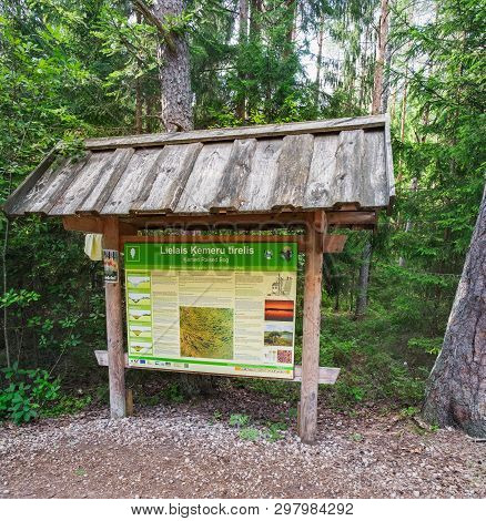 Kemeri, Latvia - July 21, 2018: Stand For Tourists With Information About Kemeri National Park, Latv