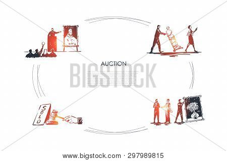 Auction - Bidding, Carrying Artworks, Hammering Sale, Art Gallery Vector Concept Set. Hand Drawn Ske