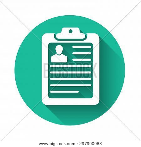 White Clipboard With Resume Icon Isolated With Long Shadow. Cv Application. Curriculum Vitae, Job Ap