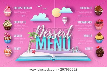 Dessert Cupcake Menu Design. Cut Out Paper Art Style Design. Origami