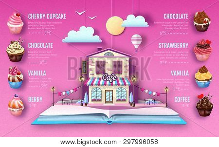 Dessert Cupcake Menu Design. Cut Out Paper Art Style Design. Origami