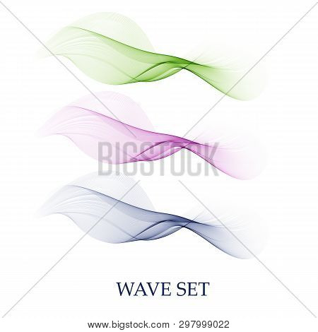 Set Of Abstract Color Wave Smoke Transparent Blue, Green Wavy Design Purple.