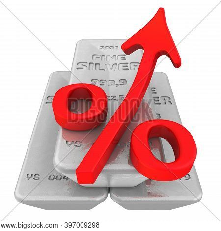 The Rise In The Value Of Silver. Three Ingots Of 999.9 Fine Silver And One Red Percentage Symbol Wit