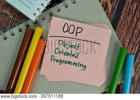 Oop - Object Oriented Programming Write On Sticky Notes Isolated On Wooden Table.