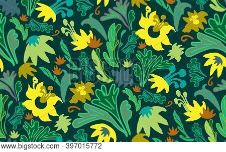 Bright Gold Zucchini Flowers And Grass On Dark Green Background Hand-drawn In Naive Casual Doodle St