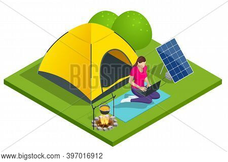 Isometric Turistic Camp Or Campground With Tent And Campfire. The Girl Works On A Laptop, Which Is C