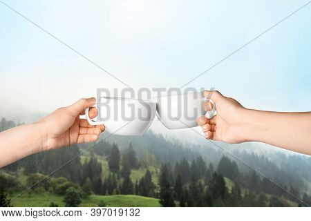 Closeness To Nature. Couple With Cups In Mountains, Closeup