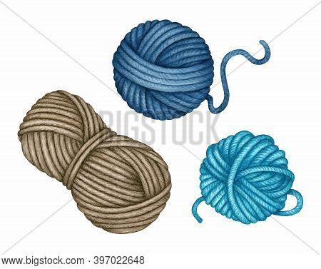Watercolor Yarn Skeins Set. Balls Of Turquoise Blue Brown Wool Threads. Needlework, Knitting, Croche